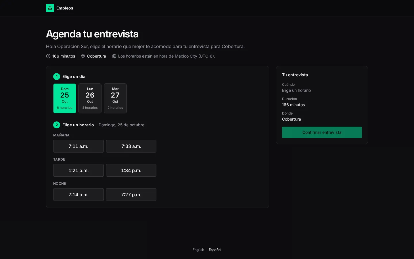 El candidato elige el horario de su entrevista.
