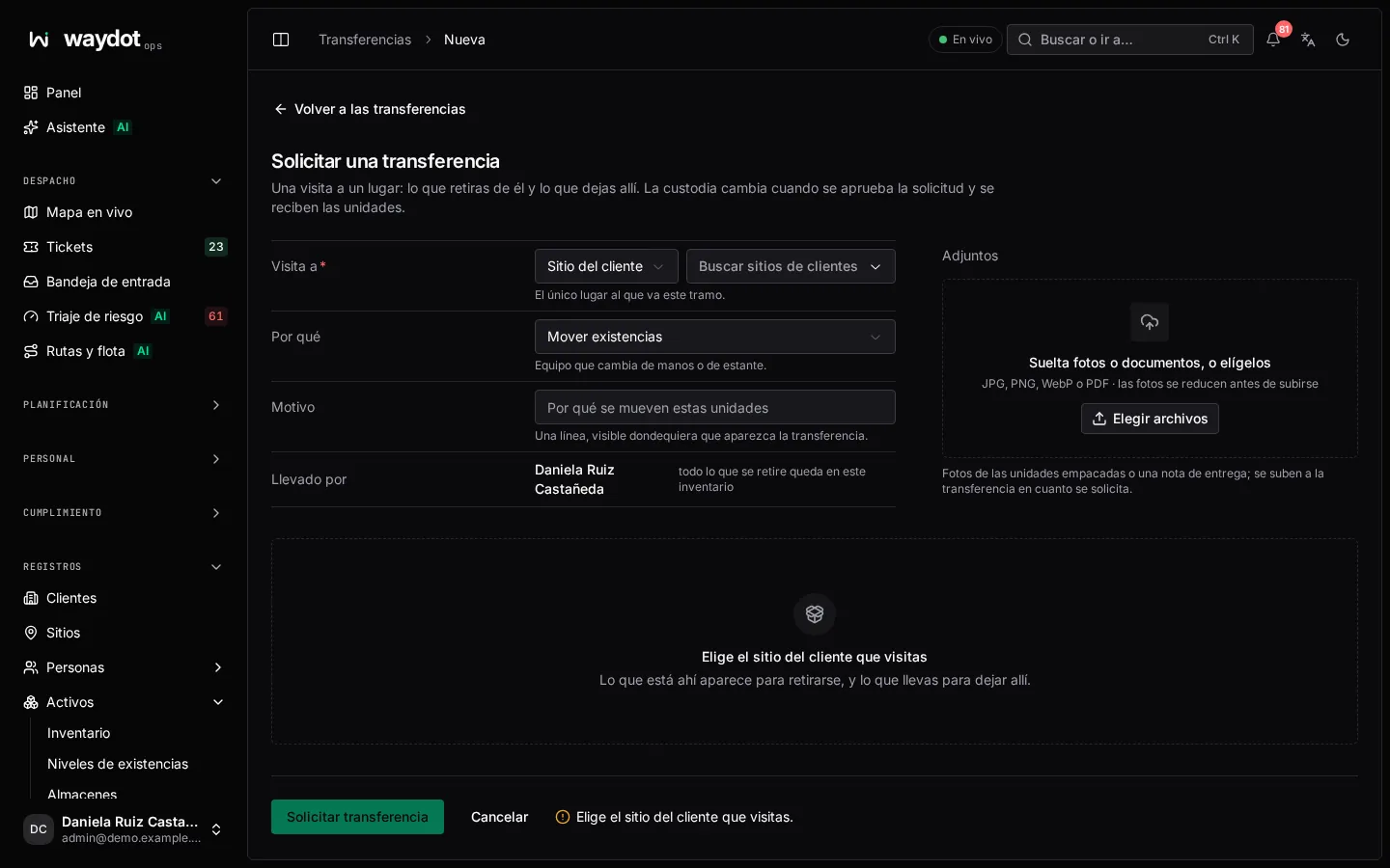 Solicitar una transferencia: lugar, unidades que se llevan y se dejan.